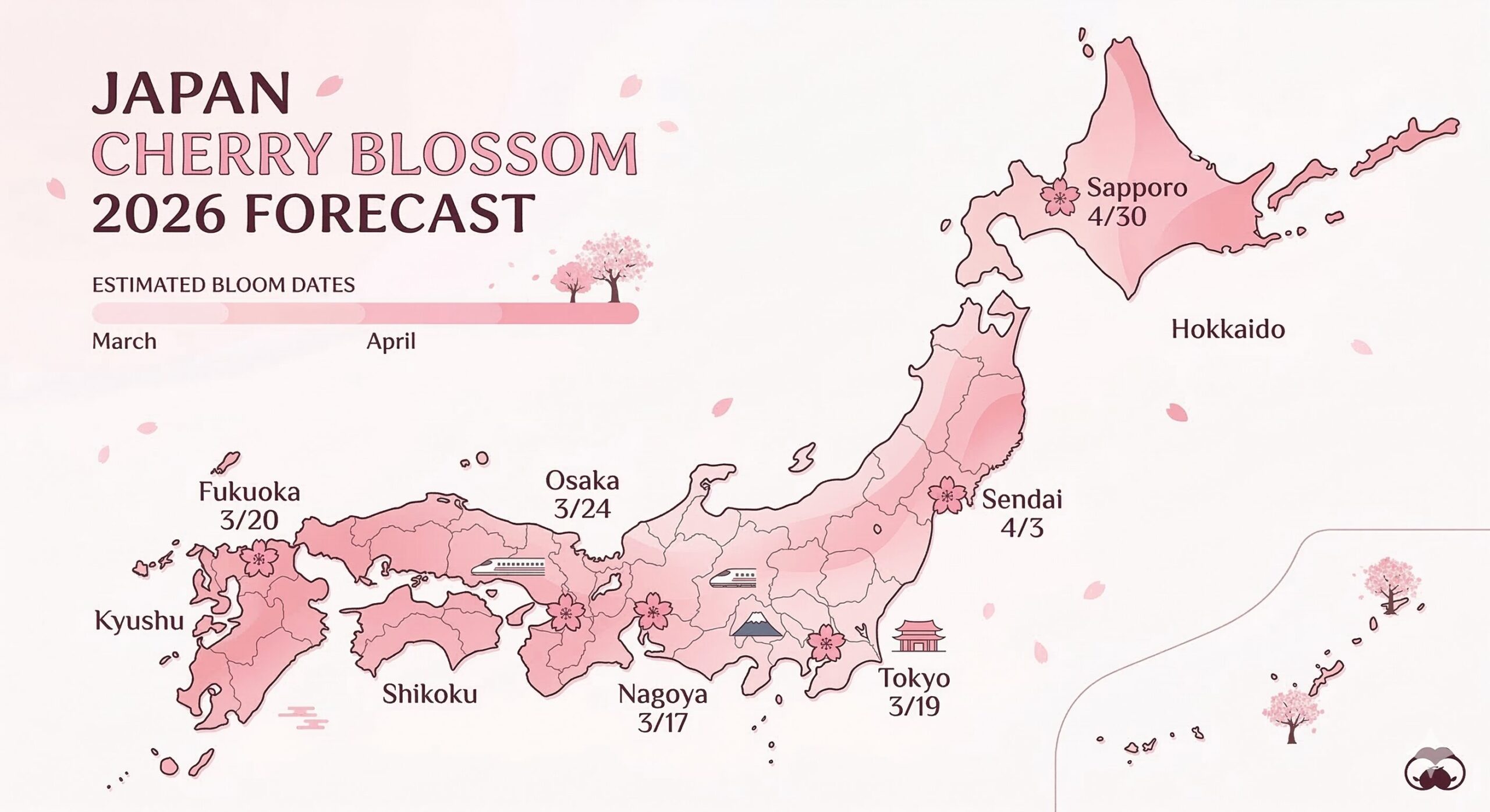 Japan Cherry Blossom Forecast 2026 Map - Estimated bloom dates by city